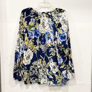 Chico's Women Blouse‎ Sz Lg Primavera Floral Peasant Top Blue Yellow Popover